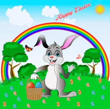 A rabbit in a forest clearing with a basket of Easter eggs 스톡 일러스트