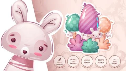 Rabbit in forest - cute sticker Stock Illustration