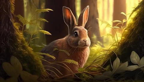 Rabbit in the forest, realistic happy easter day 스톡 일러스트