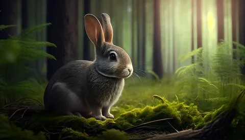 Rabbit in the forest, realistic happy easter day 스톡 일러스트