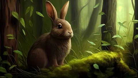 Rabbit in the forest, realistic happy easter day 스톡 일러스트
