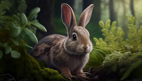 Rabbit in the forest, realistic happy easter day 스톡 일러스트
