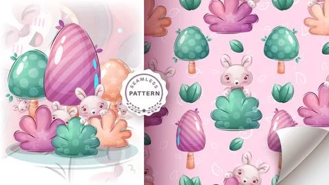 Rabbit in forest - seamless patern Stock Illustration