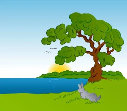 Rabbit  in the forest. Vector background Stock Illustration