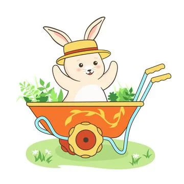 Rabbit in garden cart rustic poster bunny childish character wheelbarrow hare Stock Illustration