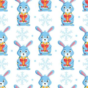 Rabbit with gift box and snowflake. Seamless pattern Stock Illustration