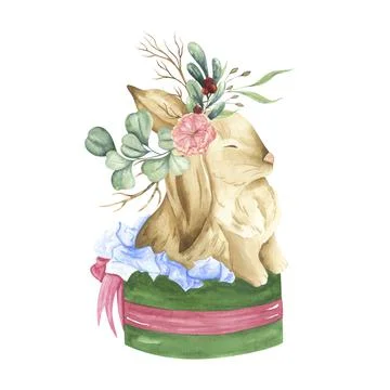 Rabbit in a gift box with a wreath. Rabbit symbol of the new year and Easter. Stock Illustration