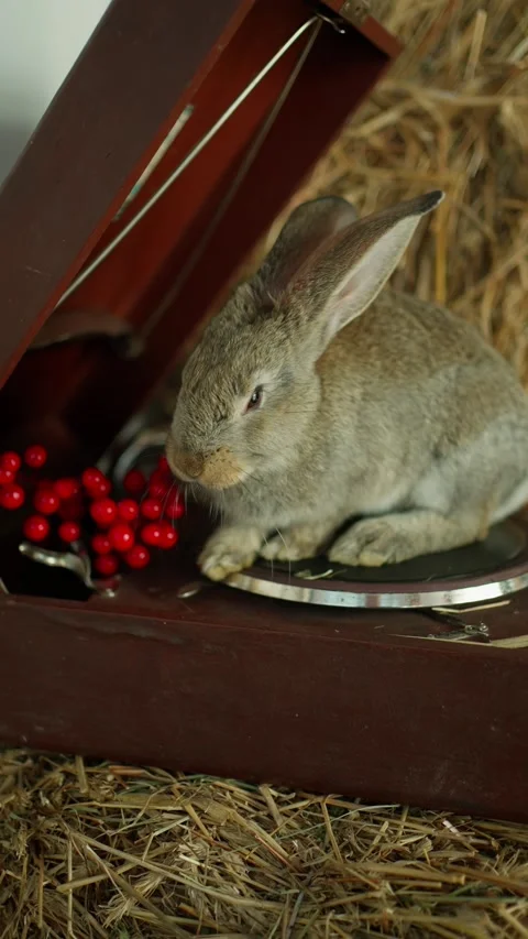 Rabbit with gray fur comes out of wooden box. Concept Natural curiosity, rustic Stock Footage 274454829
