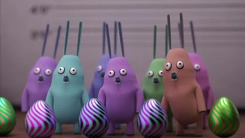 Rabbit group lineup with striped eggs placed on floor foreground.. Stock Illustration
