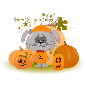 Rabbit with halloween pumpkin. A rabbit in a pumpkin costume surrounded by pu Stock Illustration