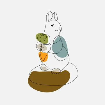 Rabbit, hare, with a carrot in his hands, one line, gentle, pastel colors. Stock Illustration