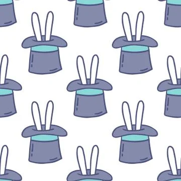 Rabbit in hat seamless doodle pattern, vector color illustration Stock Illustration