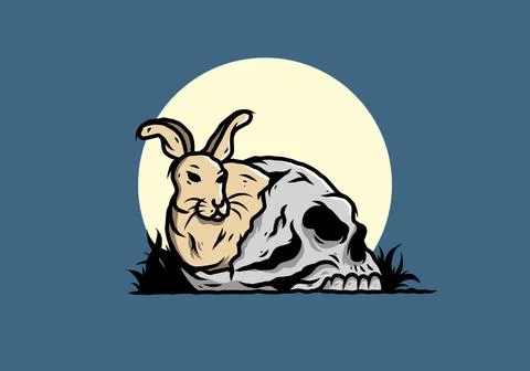 Rabbit hiding inside human skull illustration Stock Illustration