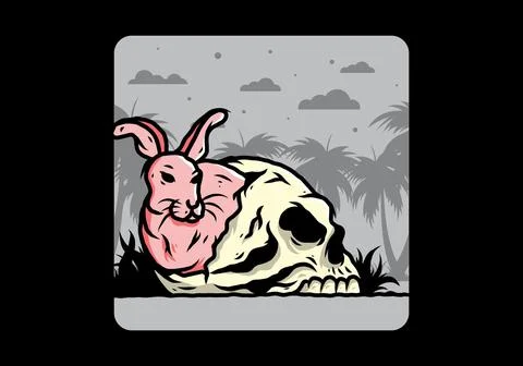 Rabbit hiding inside human skull illustration Stock Illustration