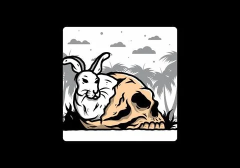 Rabbit hiding inside human skull illustration Stock Illustration