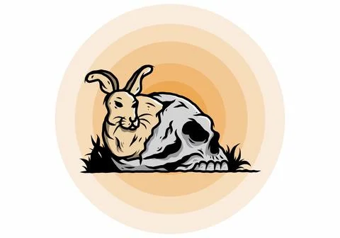 Rabbit hiding inside human skull illustration Stock Illustration