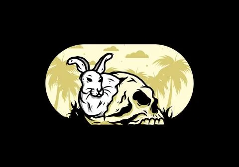 Rabbit hiding inside human skull illustration Stock Illustration