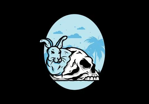 Rabbit hiding inside human skull illustration Stock Illustration