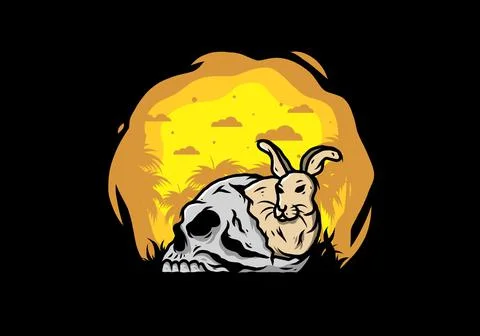 Rabbit hiding inside human skull illustration Stock Illustration