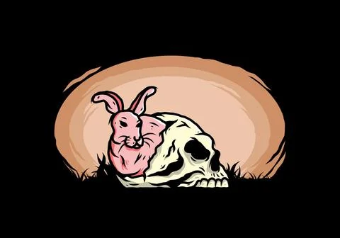 Rabbit hiding inside human skull illustration Stock Illustration