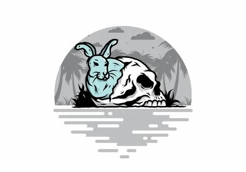 Rabbit hiding inside human skull illustration Stock Illustration