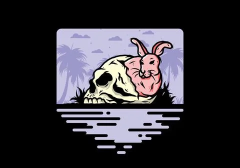 Rabbit hiding inside human skull illustration Stock Illustration