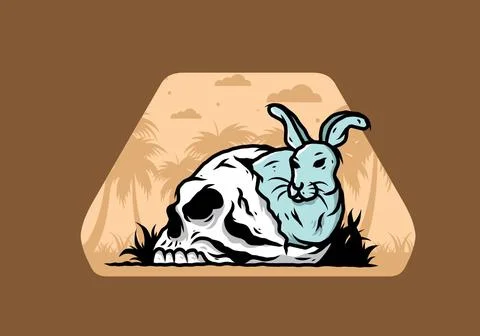 Rabbit hiding inside human skull illustration Stock Illustration