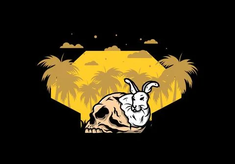 Rabbit hiding inside human skull illustration Stock Illustration