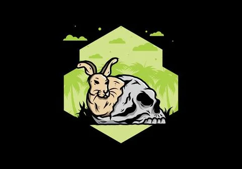 Rabbit hiding inside human skull illustration Stock Illustration