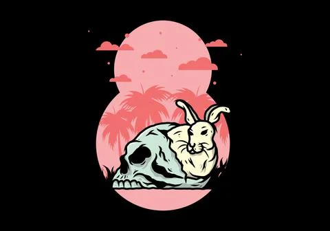Rabbit hiding inside human skull illustration Stock Illustration