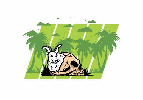 Rabbit hiding inside human skull illustration Stock Illustration