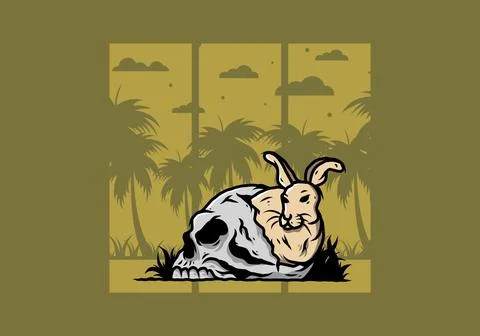 Rabbit hiding inside human skull illustration Stock Illustration
