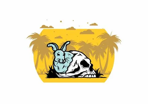 Rabbit hiding inside human skull illustration Stock Illustration