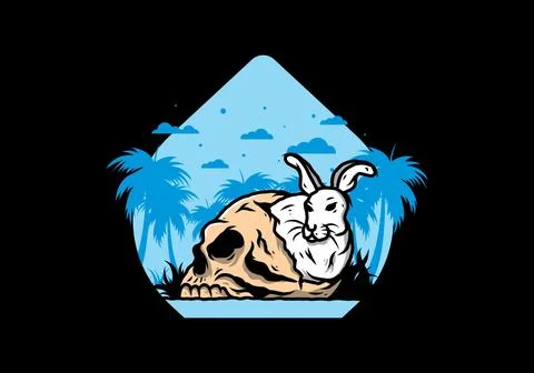 Rabbit hiding inside human skull illustration Stock Illustration