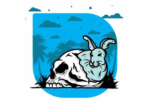 Rabbit hiding inside human skull illustration Stock Illustration