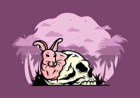 Rabbit hiding inside human skull illustration Stock Illustration