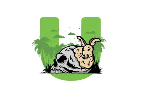 Rabbit hiding inside human skull illustration Stock Illustration