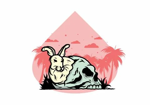 Rabbit hiding inside human skull illustration Stock Illustration