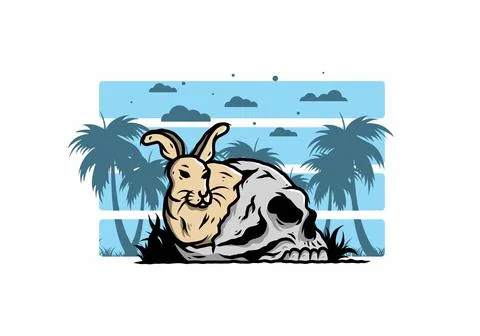 Rabbit hiding inside human skull illustration Stock Illustration