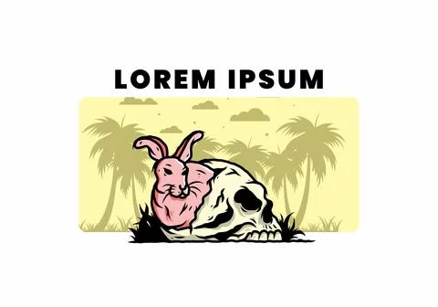 Rabbit hiding inside human skull illustration Stock Illustration