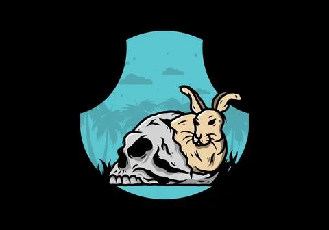 Rabbit hiding inside human skull illustration Stock Illustration