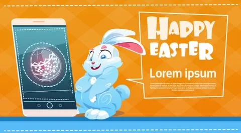 Rabbit Hold Cell Smart Phone Decorated Colorful Eggs Easter Holiday Symbols Stock Illustration