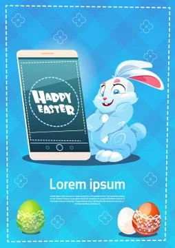 Rabbit Hold Cell Smart Phone Decorated Colorful Eggs Easter Holiday Symbols Stock Illustration