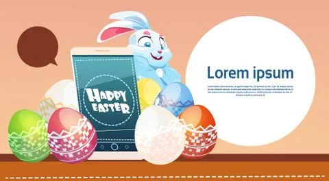 Rabbit Hold Cell Smart Phone Decorated Colorful Eggs Easter Holiday Symbols Stock Illustration