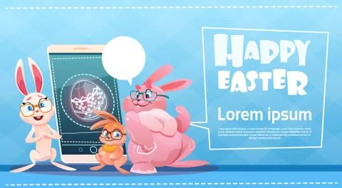 Rabbit Hold Cell Smart Phone Decorated Colorful Eggs Easter Holiday Symbols Stock Illustration