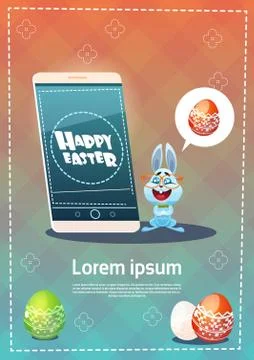 Rabbit Hold Cell Smart Phone Decorated Colorful Eggs Easter Holiday Symbols Stock Illustration