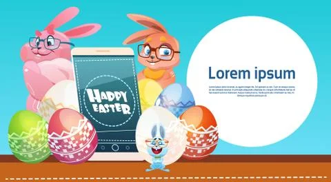 Rabbit Hold Cell Smart Phone Decorated Colorful Eggs Easter Holiday Symbols Stock Illustration
