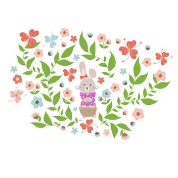 Rabbit holding a basket with Easter eggs. Template for a birthday card. - Vec Stock Illustration
