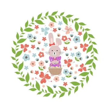 Rabbit holding a basket with Easter eggs. Template for a birthday card. - Vec Stock Illustration