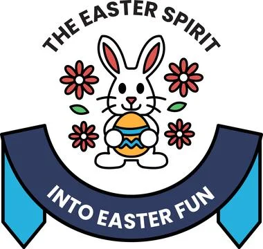 A rabbit holding an Easter egg with flowers in the background Stock Illustration